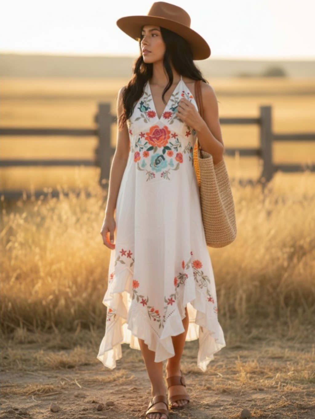 White Floral Embroidered V-Neck Sundress Midi Style Length